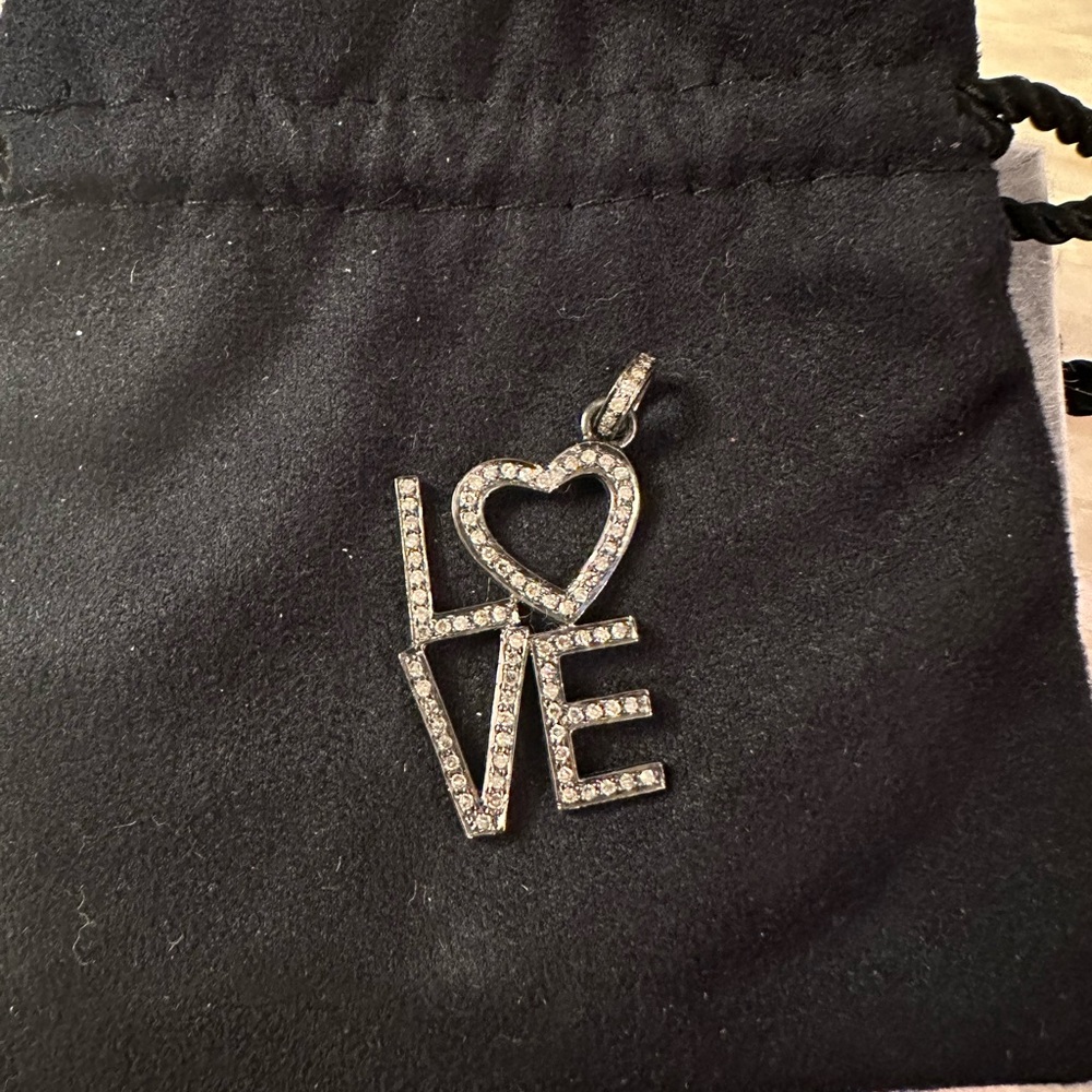 LOVE Pendant in oxidized sterling silver and diamonds
